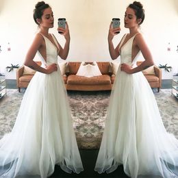 Modest 2018 Sexy Boho Beach Wedding Dresses Cheap Deep V Neck Satin Top Tulle Skirt Long Bridal Gowns Custom Made From China EN2091