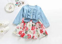 long sleeve baby girls denim dress new autumn girls floral skirts with bow children boutique clothing