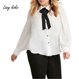 Lazy KoKo Plus Size New Fashion Long Sleeve Chiffon Women Shirt Bow Button Down Big Size Preppy Style Blouse 3XL 4XL 5XL 6XL