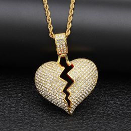 Iced out Broken Love Heart Pendant Necklace Bling Crystal rhinestone Charm Gold Silver Tennis chains For women Men Hip Hop Jewellery Gift