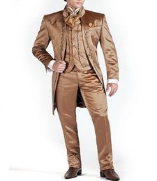 New Arrival Groomsmen Mandarin Lapel Groom Tuxedos Brown Men Suits Embroidery Wedding/Prom/Dinner Best Man Blazer (Jacket+Pants+Vest) K896