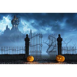 Gloomy Night Halloween Party Backdrop Old Castle Printed Iron Gate Pumpkin Lanterns Kids Children Stage Photo Booth Background