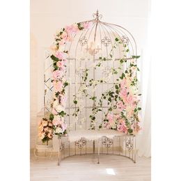 Vinyl Photography Background Newborn Baby Shower Props Printed White Pink Flowers Decorated Cage Kids Indoor Photo Shoot Backdrop Wood Floor