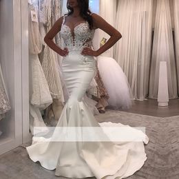 Plus Size African Vestido De Noiva Wedding Dresses Sexy Satin Sweep Train Mermaid Bridal Dress Sweetheart Lace Applique Dubai Wedding Gown