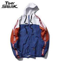 2018 Autumn Windbreaker Jacket Hip Hop Men Hoodie Jacket Patchwork Full Zip Pullover Tracksuit Jackets Fashion Streetwear Ribbon