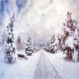 Falling Snowflakes Winter Scenic Photography Backdrop Printed Thick Snow Covered Pine Trees Road Kids Photo Studio Backgrounds