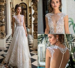 Berta 2019 Boho Wedding Dresses A Line Lace Applique Cap Sleeve Sheer Jewel Neck Sweep Train Country Wedding Gowns Beaded Sexy Bridal Dress