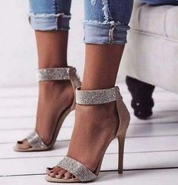 Rome Style Summer Women Glitter Crystal Shoes Beige Pink Open Toe Zipper Back Thin Heels Party Sandals Dress Shoes Real Photo