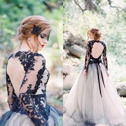 País Preto Vestidos De Casamento Gótico Único V Neck Backless Lace Apliques Sheer Manga Longa Tule Vestidos De Noiva Aberto Para Trás Da Varredura Do Trem