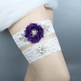 Blue Wedding Garters For Bride Bridal Leg Garters Belt 2 Pieces set Lace Rhinestones Pearls Plus Size Chiffon Flowers handmade