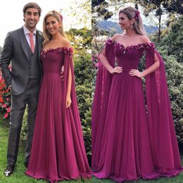2018 Grape Chiffon Formal Dresses Evening Wear Split Long Sleeves Off The Shoulder Appliques Party Gowns Stylish Dubai Long Prom Dress