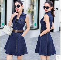 New korean fashion women's turn down collar sleeveless with belt sashes denim jeans a-line dress plus size SMLXLXXL3XL4XL