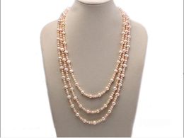 Hand knotted natural white pink fresh wate cultured pearl necklace long 228cm sweater fashion jewelry