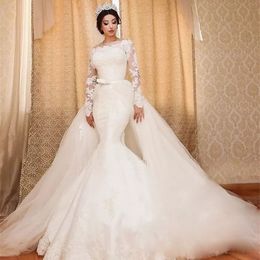 Dubai Arabic Mermaid Wedding Dress With Detachable Tulle Overskirt Off Shoulder Lace Applique Bridal Dress Glamorous Long Sleeve Wedding Gow