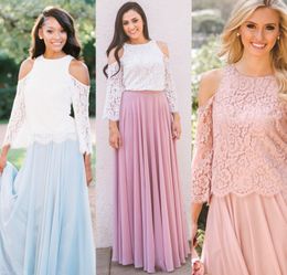 Lace Top Chiffon Skirt 2-Pieces Bridesmaid Dresses 2018 Bell Sleeves Two Tones Bridal Wedding Party Dress Full Length Custom Made