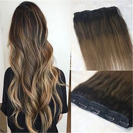 One Piece Clip in Human Hair Extensions 70g Ombre Balayage Dark Brown to Medium Brown Remy Hair Weft Clip ins Color #2/6