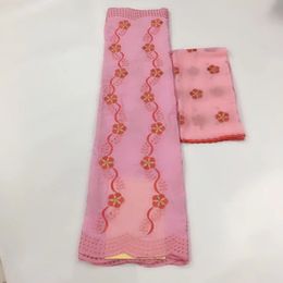 5Yards Nice looking pink african cotton fabric embroidery and 2Yards french net lace set for dress HS12-5
