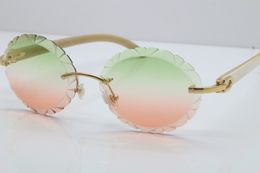 Wholesale High-end White Buffalo Horn Sunglasses Hot Eyeglasses T8200761 Oval Lens Rimless Carved Trimming Lens Vintage Sun glasses Unisex