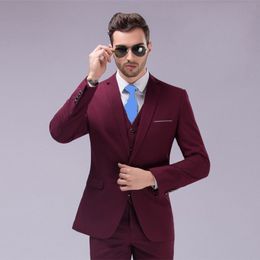 High Quality One Button Burgundy Groom Tuxedos Groomsmen Notch Lapel Best Man Blazer Mens Wedding Suits (Jacket+Pants+Vest+Tie) H:722