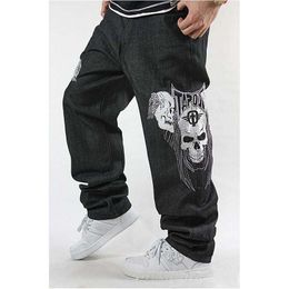 Fashion Black Jeans Men Denim Jeans Pants Skulls Embroidery Straight Loose Baggy Hip Hop Harem Skateboard Trousers Plus Size 30-44