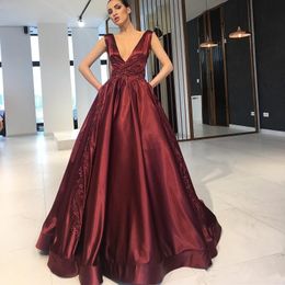Deep V Neck 2018 Prom Dresses Red Wine Floor Length Party Gowns Fashion Arabia Celebrity Evening Dress
