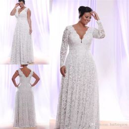 Full Lace Plus Size Wedding Dress With Removable Long Sleeves V Neck Bridal Gowns Floor Length Backless A Line Wedding Gown