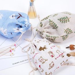 Vintage floral drawstring coin purse bag cotton fabric women travel makeup storage bag cute kids Organiser Wallets Cartoon draw cord pouch