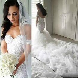 Luxurious Ruffle Tiers Off Shoulder Mermaid Wedding Dresses Sexy Long Train Lace Country Bridal Gown Arabic Train Bride Dress Custom Made