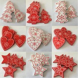 White Red Christmas Tree Ornament Wooden Hanging Pendants Angel Snow Bell Elk Star DIY Christmas Decorations