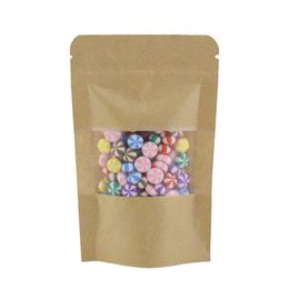 High Quality 100pcs Waterproof Stand Up Package Zip Lock Pouches Tear Notch Brown Kraft Paper Storage bags With Window