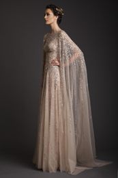 Wedding Dresses A-Line Crew Champagne See-Through Tulle Bridal Gowns Appliques Beads Watteau Dresses Krikor Jabotian Gowns HY4170276v