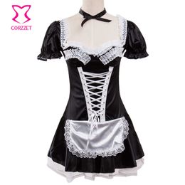 S-6XL Black Satin And White Lace Fancy Mini French Maid Dress Cosplay Sexy Maid Costume Plus Size Halloween Costumes for Women Y1892611