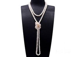 -Handgeknüpfte Halskette schöne 7-8mm echtes natürliches weißes frisches Wasser kultivierte Perle lange 165cm Modeschmuck