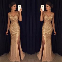 Heavy Hand Latest V Neck Mermaid Long Prom Dresses High Split Crystal Beaded Gold Mermaid Evening Dresses Party Prom Gowns HY0788