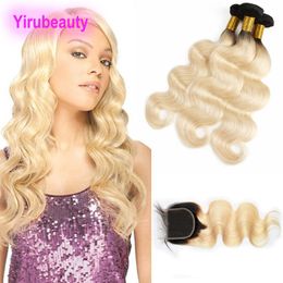 Indian Mink Human Hair Bundles With 4X4 Lace Closure 4pieces/lot Body Wave 1B/613 Blonde Double Color Lace Closure With Bundles Natural