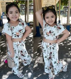 Summer Baby Girls Clothing Set Flower Print Off Shoulder Tops +Pants 2PCS Girls Outfits Cute White Floral Toddler Kids Clothing for Girls