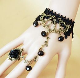 free new Vintage bronze flowery rattan elf black crystal lolita lace wrist chain band ring chic classic delicate elegance