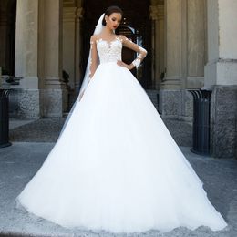 Vintage Sheer Neck Lace Wedding Dresses A Line Long Illusion Sleeves Applique Floor Length Cheap Wedding Bridal Dresses Custom HY184
