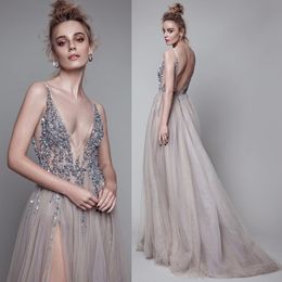 2018 Sexy Grogeous Sheer Beaded Top V-neck Eveing dress Prom dress Long Sliver Sequin Beads Mix Tulle Party Dress Backless Spl206Z
