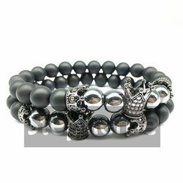 CZ0006 New Design Men`s Crown Charm Bead Bracelet Natural Black Onyx Hematite Energy Jewellery Best Gift for Him Free Shipping