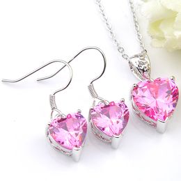 Luckyshine 925 Silber Schmuck Sets für Frauen Herz Rosa Kunzit Edelsteine Halsketten Anhänger Ohrringe Hochzeit Sets Mit Kette