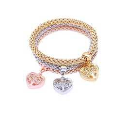 3pc/set Tree Of Life Charm Bracelets Austrian Rhinestones Gold Silver Rose 3 Colour Elastic Chain Bangle For Women Fashion Jewellery Gift