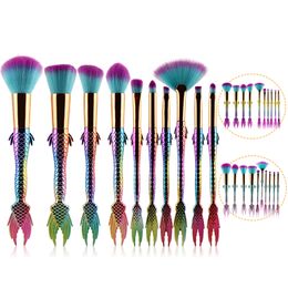 10pcs Makeup Brush Set Colourful Fish Tail Powder Foundation Eyebrow Eyeliner Blush Cosmetic Concealer Mermaid Brushes