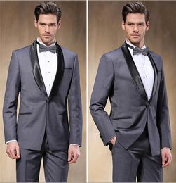 Handsome Grey Groom Tuxedos Shawl Lapel One Button Groomsmen Men Formal Business Suits Party Prom Suit Customize(Jacket+Pants+Bows Tie)NO:88