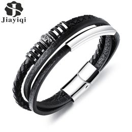 whole saleJiayiqi Fashion Leather Bracelet for Men Black Braid Multilayer Rope Chain Stainless Steel Magnetic Clasp Male Jewellery Gifts