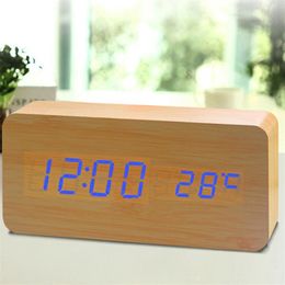 Wood Alarm Clock, Music voice-activated Digital Alarm Clock Display Time Date Week Temperature for Bedroom Office Home -- Blue light