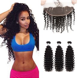 Human Hair Extensions Weft Brazilian Deep Wave Curly 3 Bundles With 13X4 Lace Frontal With Closure 4 Pieces/lot