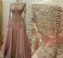 New Pink Evening Dresses For Women Wear Jewel Neck Long Sleeves Lace Appliques Crystal Bling Beaded Plus Size Prom Dresses Party Gowns HY123