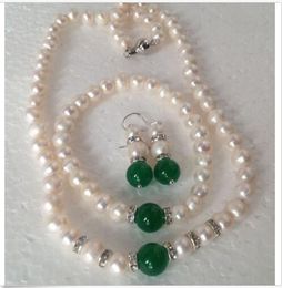 Natural white Akoya Pearl/Green Jade Gemstones Necklace Bracelet earrings Set/T3