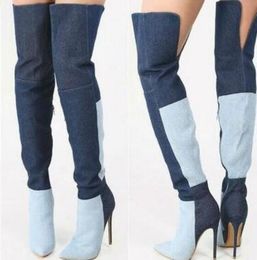 2018 women over knee tall gladiator boots sexy thigh high booties thin heel Denim bota long patchwork dress party shoes